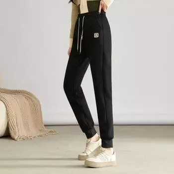 Зимние осенние теплые женские брюки, модные, с высокой талией, толстые, свободные, однотонные, универсальные, плюшевые спортивные брюки XL чёрный