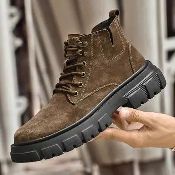 Зимние осенние замшевые кожаные ботинки, модные стильные походные кроссовки, высокие плюшевые меховые мотоциклетные ботинки для мужчин, уличные ботильоны 38