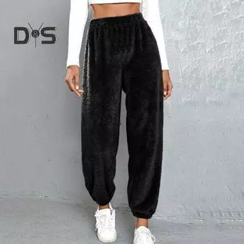Зимние осенние женские брюки из плотного плюша, теплые, однотонные, с высокой талией, с резинкой, свободные, мягкие, устойчивые к холоду, с эластичной резинкой на талии, повседневные спортивные брюки, длинные брюки L темный кофе