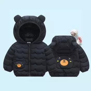 Зимние пальто для мальчиков и девочек, детская куртка на молнии с толстыми ушами, зимняя толстовка с капюшоном, одежда 90 чёрный