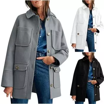 Зимние пальто для женщин однобортная длинная куртка толстое теплое пальто элегантный воротник-стойка верхняя одежда с карманами M чёрный