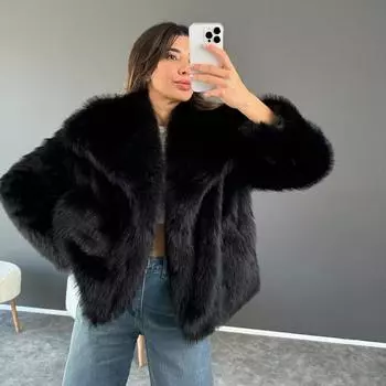 Зимние пальто для женщин с эффектом искусственного меха, свободное укороченное пальто для женщин, уличный женский кардиган S чёрный