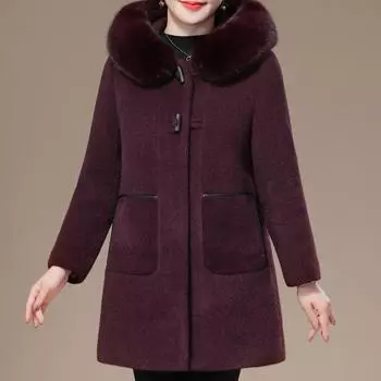 Зимние пальто для женщин, толстые, теплые, больших размеров, верхняя одежда с капюшоном, элегантные, свободные, с воротником из искусственного меха, куртки для женщин среднего возраста XL фиолетовый