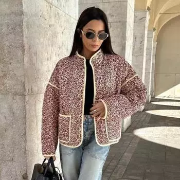 Зимние пальто Женская верхняя одежда Укороченная стеганая куртка Тренд Легкий цветочный принт Длинный рукав Утепленный стеганый кардиган Пальто M коричневый