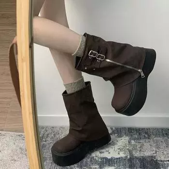 Зимние панк-сапоги, женская обувь, модные молнии сзади, высокая платформа, толстая подошва, элегантные женские короткие ботильоны 34 коричневый