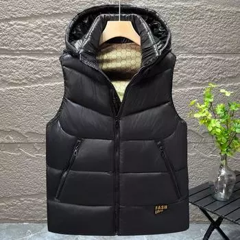 Зимние парки без рукавов для мужчин, топы с капюшоном, куртка больших размеров, повседневный толстый теплый черный жилет для мужчин, верхняя одежда L чёрный