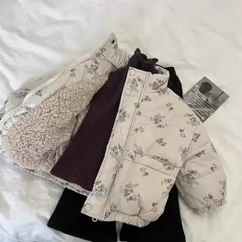 Зимние парки для девочек с цветочным принтом и длинными рукавами, верхняя одежда для маленьких девочек, пальто, свободный утепленный зимний комбинезон для девочек 140cm серый