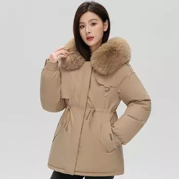 Зимние парки для женщин, новинка 2023, модное холодное пальто на подкладке из искусственной шерсти с капюшоном в корейском стиле, зимние куртки с воротником из искусственного меха 2XL бежевый