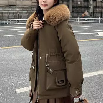 Зимние парки для женщин с капюшоном больших размеров, модные женские зимние пальто с меховым воротником, плотная теплая верхняя одежда с длинными рукавами M чёрный