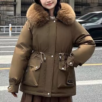 Зимние парки для женщин с капюшоном больших размеров, модные женские зимние пальто с меховым воротником, плотная теплая верхняя одежда с длинными рукавами M бежевый