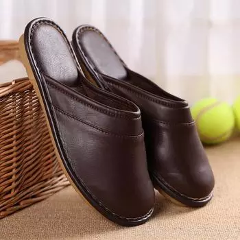 Зимние парные домашние теплые удобные хлопковые нескользящие кожаные тапочки без шнуровки с верхом 39 чёрный