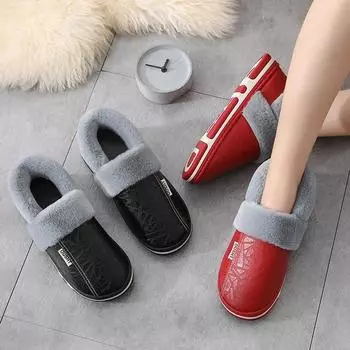 Зимние парные хлопковые тапочки, мужские и женские водонепроницаемые домашние нескользящие домашние тапочки из искусственной кожи, теплая хлопковая обувь 36-37 чёрный