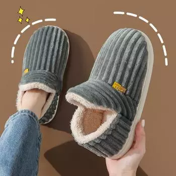 Зимние парные стильные лаконичные однотонные туфли на каблуках с запахом, плюшевые тапочки, нескользящие теплые шлепанцы для женщин и мужчин, повседневная домашняя обувь из хлопка