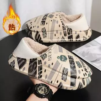 Зимние парные стильные лаконичные однотонные туфли на каблуках с запахом, плюшевые тапочки, нескользящие теплые шлепанцы для женщин и мужчин, повседневная домашняя хлопковая обувь 36-37 чёрный