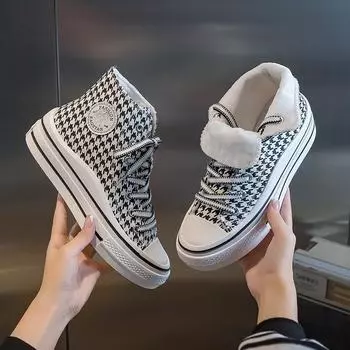 Зимние парусиновые туфли плюс бархатные теплые повседневные туфли на плоской подошве женские модные удобные прогулочные вулканизированные туфли 35