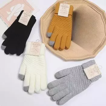Зимние перчатки для сенсорного экрана для женщин и мужчин, теплые эластичные вязаные варежки из искусственной шерсти с полным пальцем, женские вязаные крючком Luvas Thicken One Size чёрный
