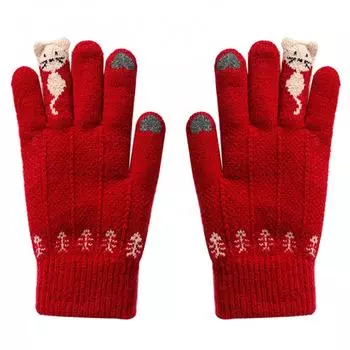Зимние перчатки для женщин, милые мультяшные коты, перчатки для сенсорных экранов, вязаные варежки с полным пальцем, мужские перчатки