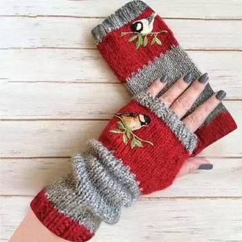Зимние перчатки, классические толстые удобные перчатки для девочек, милые варежки без пальцев с вышивкой, перчатки без пальцев для путешествий зелёный