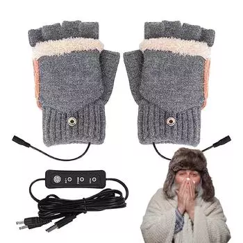 Зимние перчатки с подогревом, вязаные варежки с подогревом, с 3 настройками тепла, для полных и полупальцев, для походов зимой на открытом воздухе серый