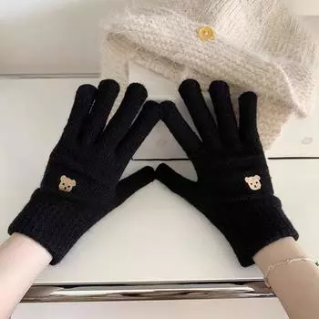 Зимние перчатки с пятью пальцами, кашемировые спортивные перчатки с сенсорным экраном из плюшевого мишки чёрный