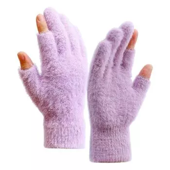 Зимние перчатки, термостойкие плюшевые перчатки, вязаные перчатки из искусственного меха норки с полупальцами для осени и зимы H One Size серый