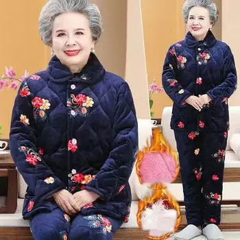 Зимние пижамные комплекты для мам с хлопковой подкладкой для пожилых женщин среднего возраста, утепленные, коралловые, бархатные пижамные комплекты для дома бабушки XXXL