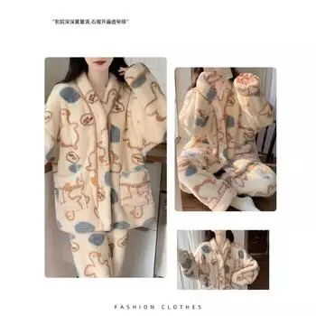 Зимние пижамные комплекты с V-образным вырезом для женщин, студенток, можно носить пижаму с длинным рукавом, женский милый мультяшный принт, домашняя одежда Flance M 40-50kg