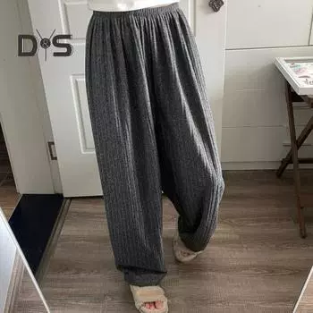 Зимние пижамные штаны из плотного плюша с эластичной талией, свободные, сохраняющие тепло, с широкими штанинами, женские брюки для домашней одежды, однотонные брюки для отдыха L чёрный