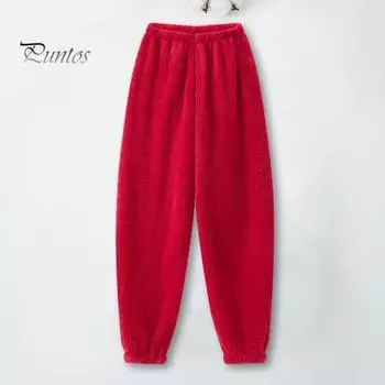 Зимние пижамные штаны из плотного плюша с эластичной резинкой на талии, свободные, сохраняющие тепло, облегающие ноги, унисекс, домашняя одежда, брюки однотонные, для отдыха M розы красного