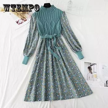 Зимние платья-свитеры для женщин, зимний пуловер с бантом и поясом, тонкое вязаное милое вельветовое платье миди с принтом, Vestidos S зелёный