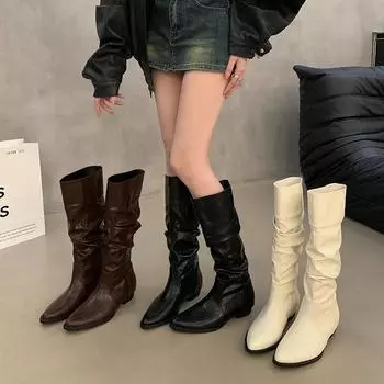 Зимние плиссированные женские сапоги до колена, модные, без застежек, современные, длинные, повседневные, на низком квадратном каблуке 35