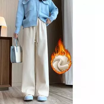 Зимние плотные повседневные брюки с высокой талией, женские широкие брюки, однотонные брюки S