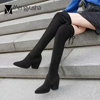 Зимние плюшевые эластичные носки-сапоги женские, высокие ботинки-ботфорты женские на высоком каблуке со шнуровкой, челси-ботасы, большие размеры 34-43 4.5