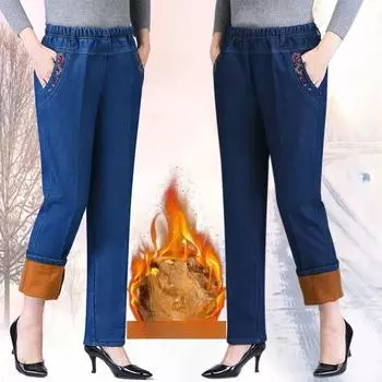Зимние плюшевые бархатные джинсы с подкладкой, прямые джинсовые брюки Mom High Waist Embroided Baggy Vaqueros Vintage Thicken Warm 5XL чёрный
