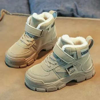 Зимние плюшевые ботинки для детей, нескользящие, толстые, теплые, зимние ботинки из искусственной кожи, трендовая модная обувь из хлопка для подростков и мальчиков 26 хаки