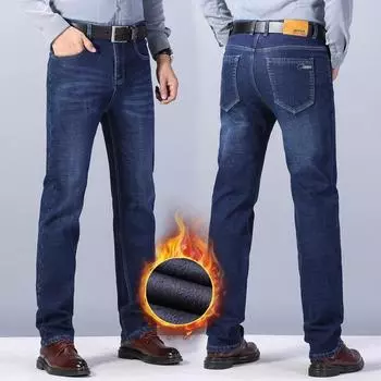 Зимние плюшевые джинсы 2024 года, мужские прямые эластичные теплые плюшевые толстые деловые повседневные джинсы 29