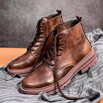 Зимние плюшевые мужские черные кожаные ботинки, новые высокие модные рабочие ботинки в британском стиле, уличная модная мужская обувь, большой размер 48 37 чёрный