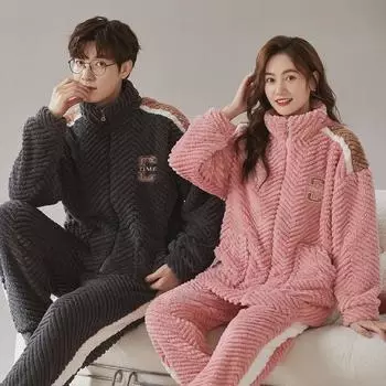 Зимние плюшевые парные пижамные комплекты: Стильный спортивный дизайн молнии для мужчин и женщин Women M