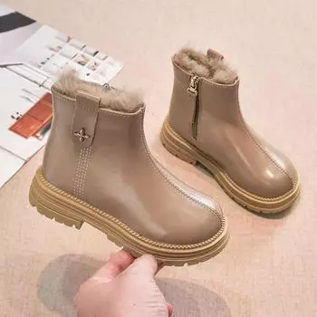 Зимние плюшевые сапоги принцессы для девочек, однотонные винтажные хлопковые туфли из искусственной кожи, водонепроницаемые зимние сапоги для девочек-подростков 26 чёрный