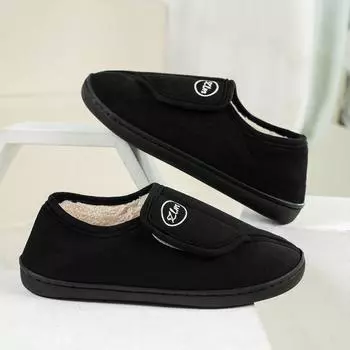 Зимние плюшевые тапочки для мужчин и женщин, домашние нескользящие тапочки с флисовой подкладкой и ремешком на липучке, домашний комфорт 36-37 чёрный