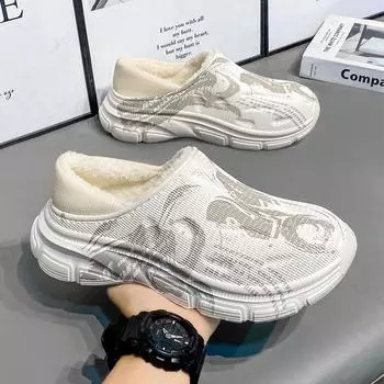 Зимние плюшевые тапочки для мужчин, теплая домашняя хлопковая обувь, мужская толстая нескользящая садовая обувь, хлопковые сабо, поварская обувь без застежек 38-39