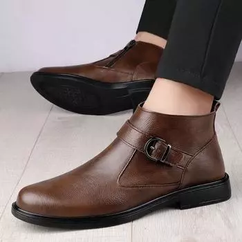 Зимние плюшевые теплые мужские ботинки «Челси» на низком каблуке, деловые, формальные, высокие кожаные туфли, универсальные ботинки в британском стиле 38 чёрный