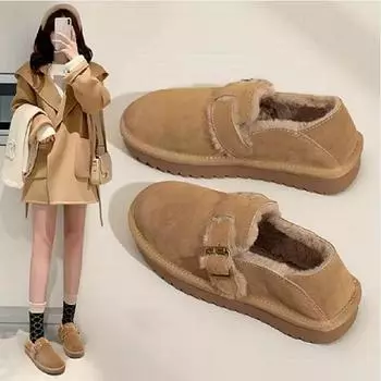 Зимние плюшевые теплые снежные хлопковые туфли с круглым носком, толстой подошвой, неглубоким ртом, хлопковые туфли Lefu Lazy Lefu 40 чёрный