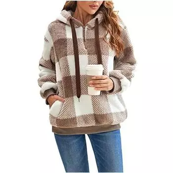 Зимние плюшевые толстовки в клетку больших размеров, женские теплые толстовки в стиле Харадзюку, уличная одежда с длинными рукавами и шнурком с капюшоном S синий