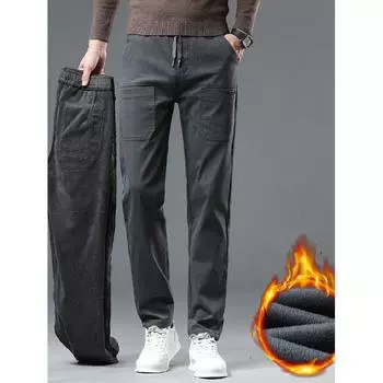 Зимние плюшевые толстые/обычные повседневные брюки с шестью карманами, мужские свободные рабочие брюки с эластичным поясом и несколькими карманами, теплые брюки для мужчин с шестью карманами 28 чёрный