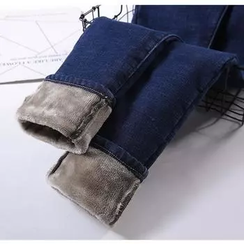 Зимние плюшевые утолщенные теплые джинсы с высокой талией, женские эластичные тонкие универсальные брюки 26 чёрный