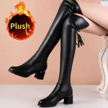 Зимние плюшевые женские сапоги. Длинные женские сапоги. Мягкие кожаные эластичные сапоги. Тонкие и высокие кожаные сапоги с острым носком. Модные сапоги до колена. 35 чёрный