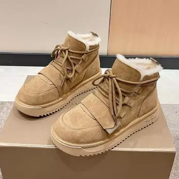 Зимние плюшевые женские зимние сапоги, нескользящие теплые женские сапоги, ботинки на шнуровке, на платформе и среднем каблуке, женские ботильоны из коровьей замши 35 верблюд