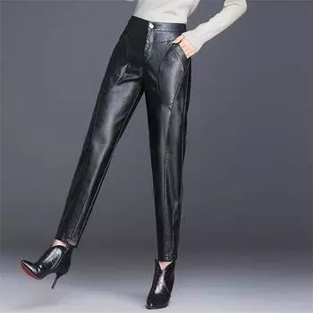 Зимние повседневные брюки из искусственной кожи с высокой талией, мешковатые брюки в корейском стиле, женские теплые брюки, облегающие женские эластичные брюки S чёрный