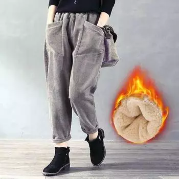 Зимние повседневные брюки из овечьей шерсти, женские модные свободные толстые спортивные штаны в полоску, женские корейские теплые простые элегантные брюки, новинка 2024 года S чёрный